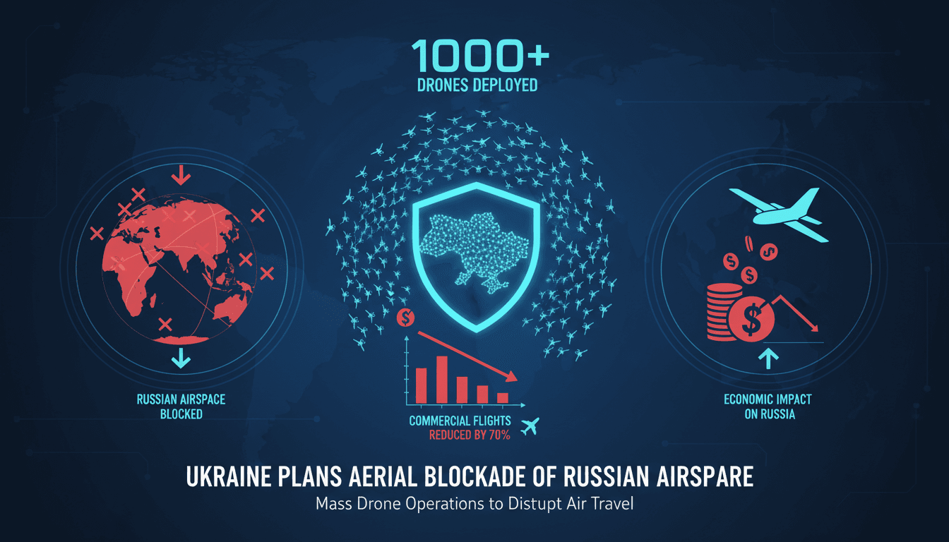 A graphic illustrating Ukraine's drone operations and their impact on Russian commercial airspace.