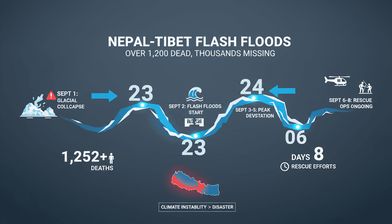 Infographic showing the timeline and impact of the Nepal-Tibet flash floods, highlighting the humanitarian crisis and climate change links.
