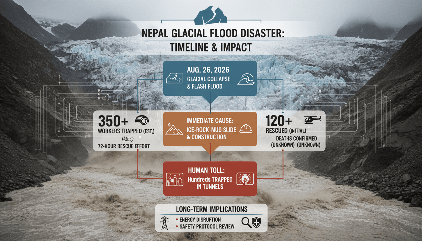 Infographic showing the timeline and impact of the Nepal hydropower tunnel flooding disaster.