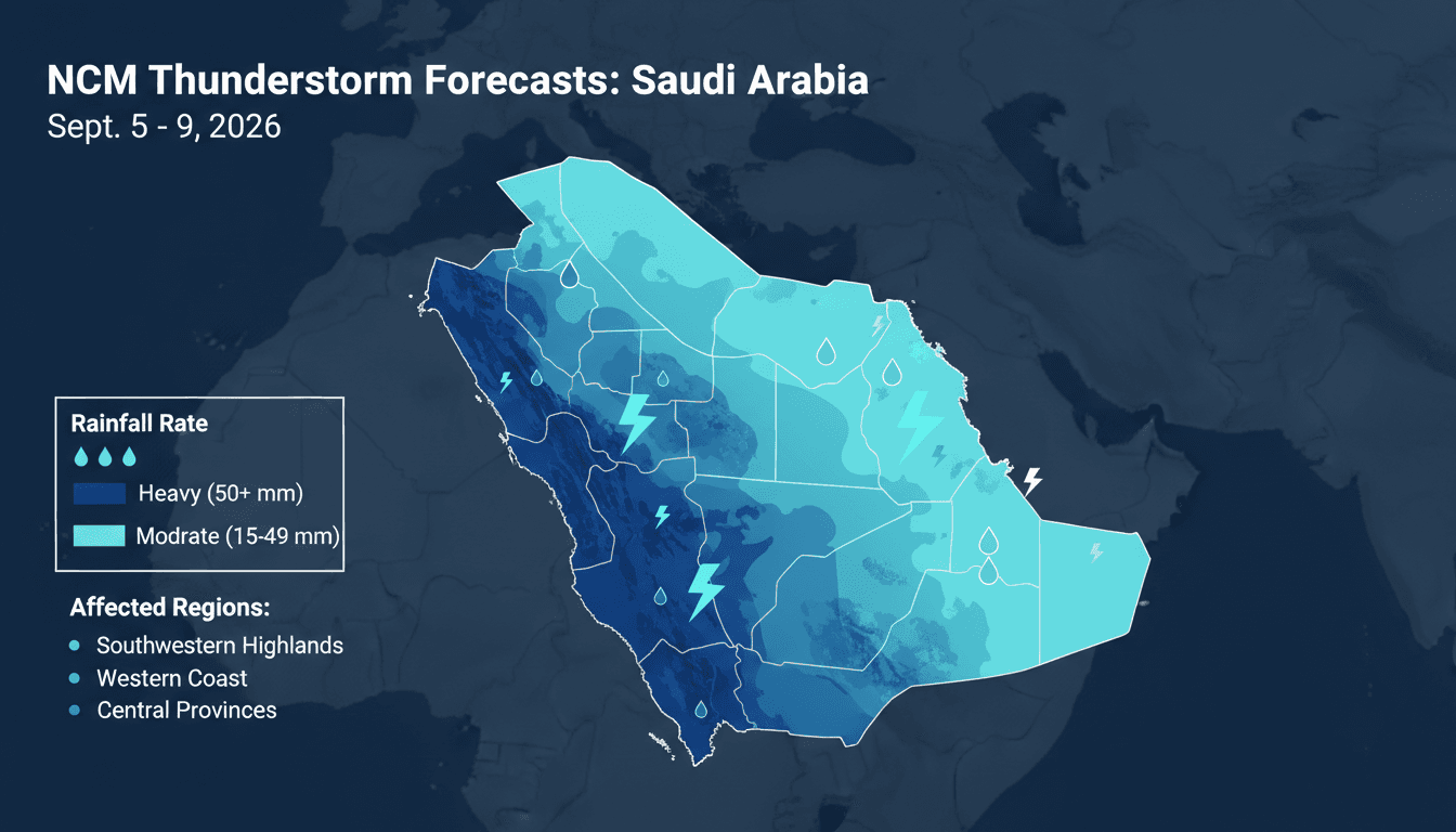 A weather map highlighting thunderstorm forecasts and affected regions in Saudi Arabia.