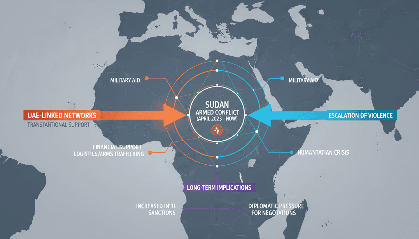 Infographic showing transnational networks supporting the Sudan conflict, highlighting key players and their roles.