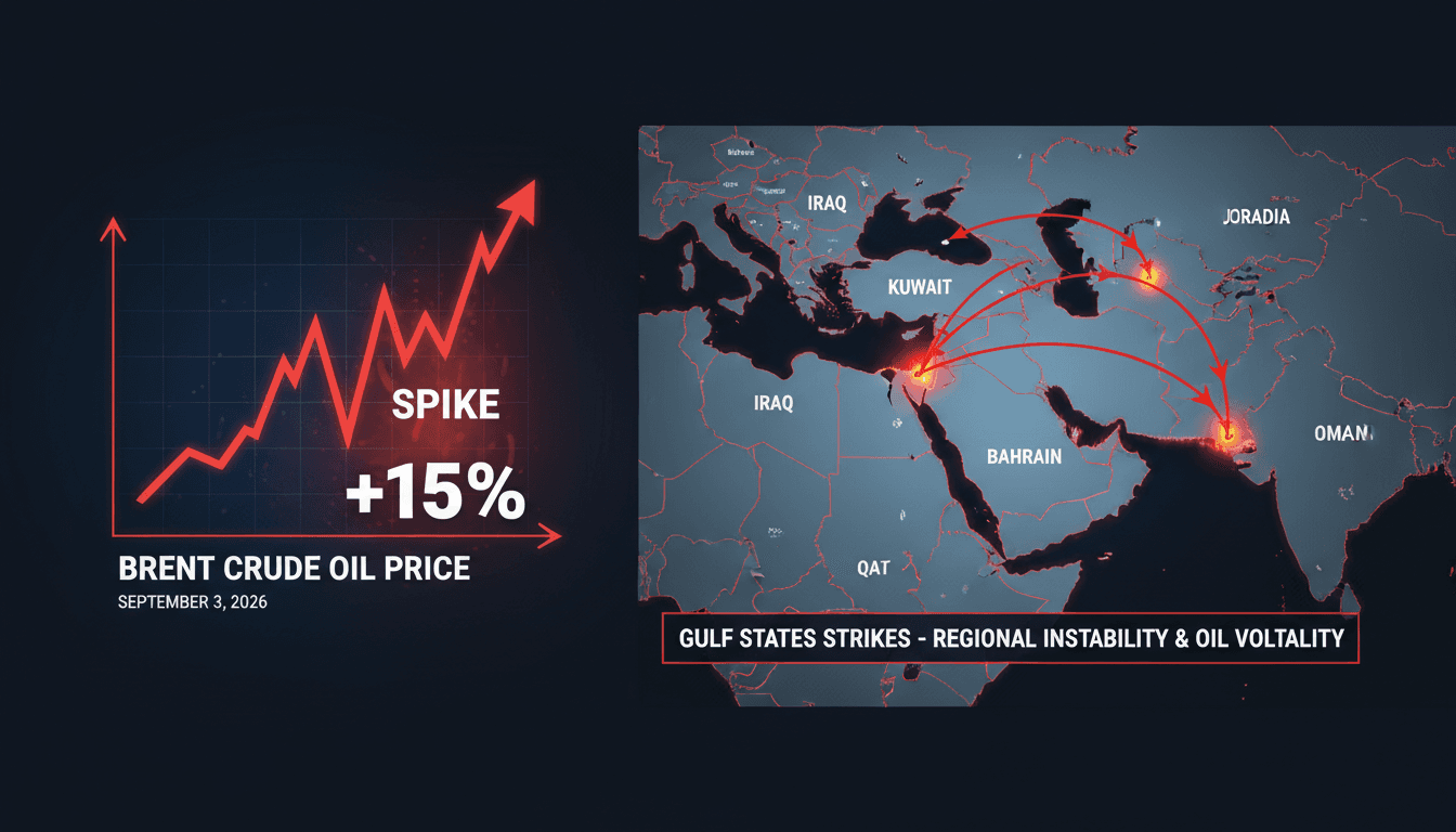 A map of the Gulf region showing Iran's missile strikes and the surge in Brent crude oil prices.