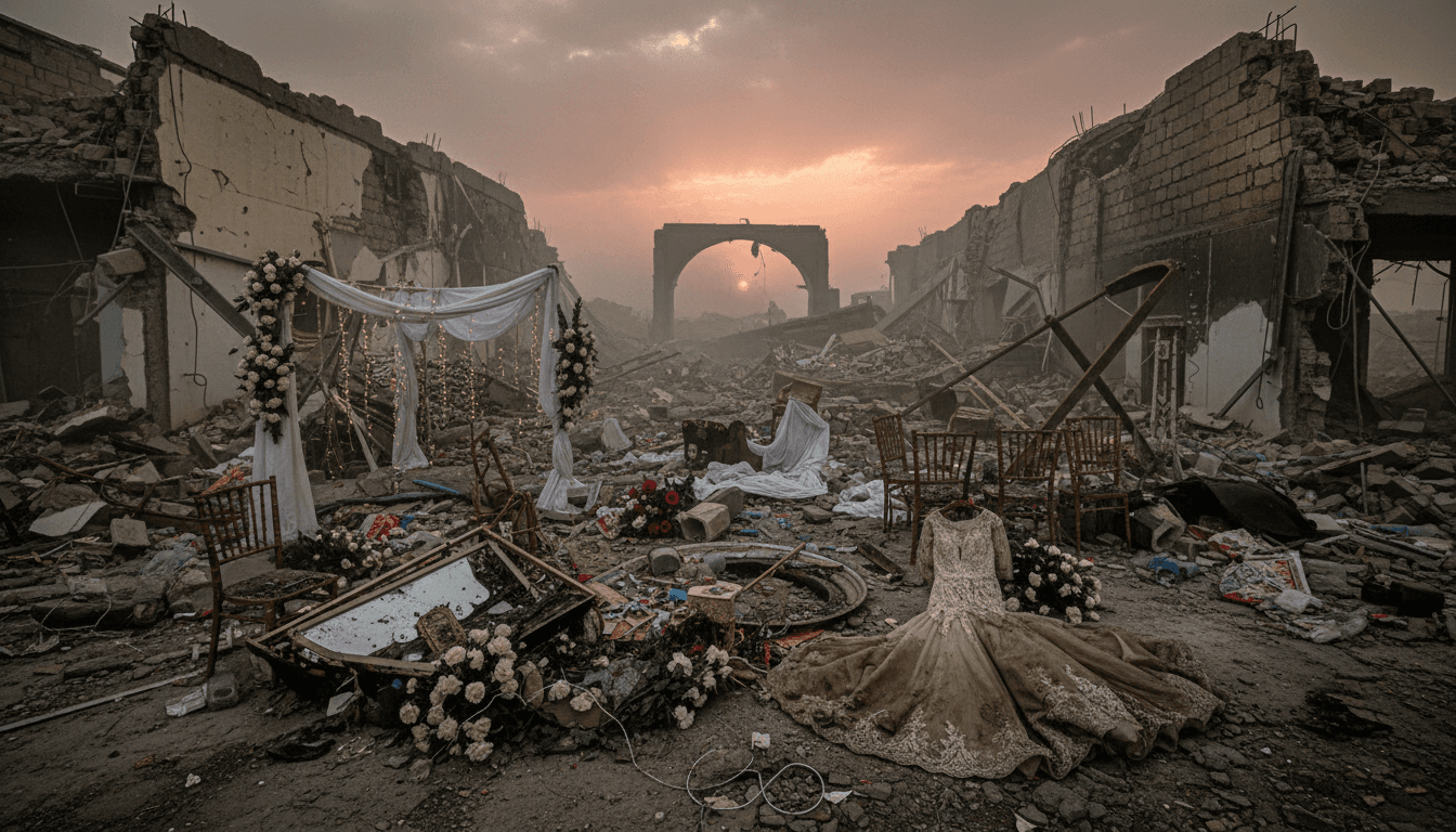 Aftermath of the US airstrike on a wedding in Iran, showing destruction and civilian impact.