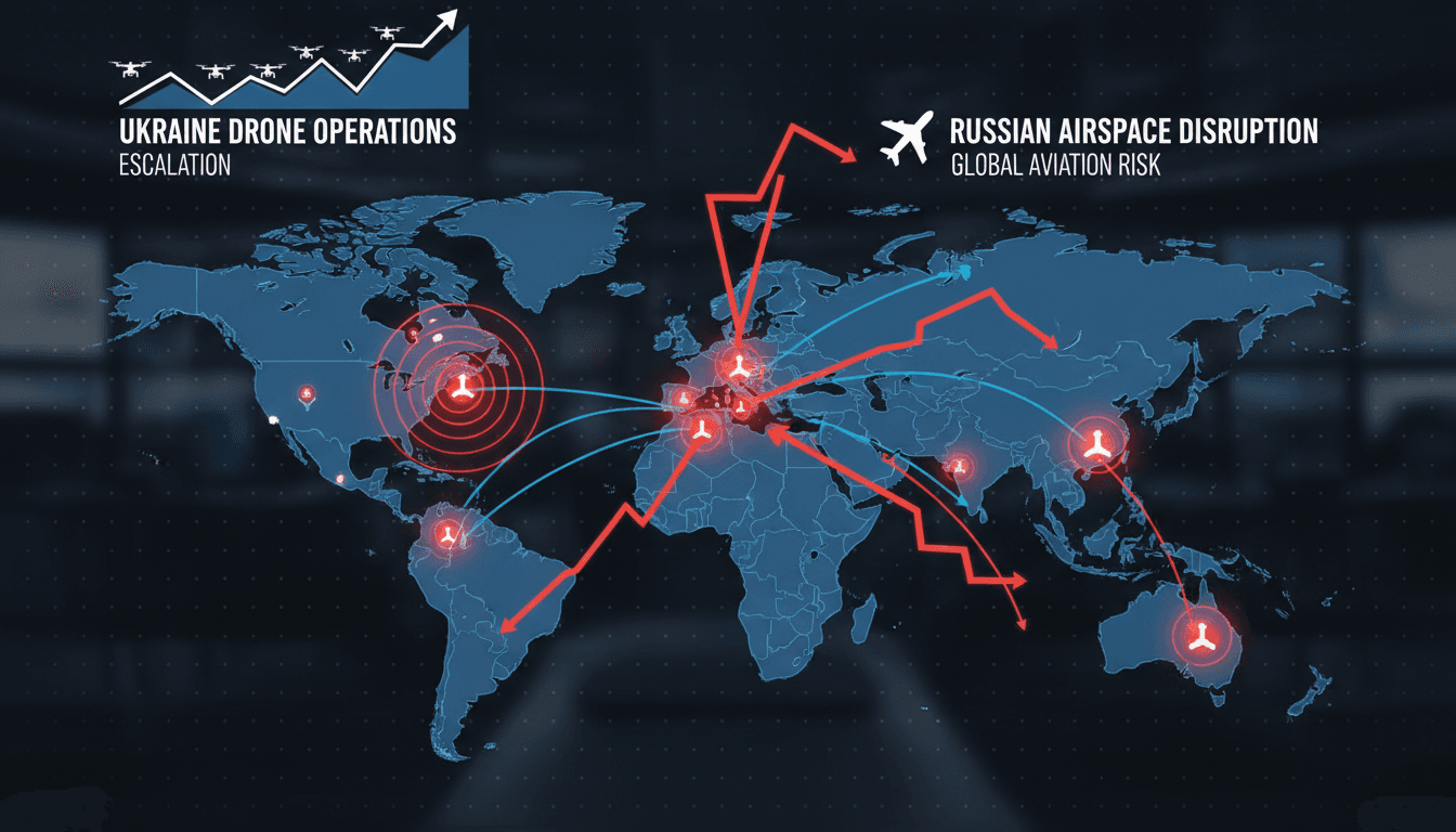 An infographic showing the impact of Ukraine's drone operations on Russian airspace and global aviation routes.