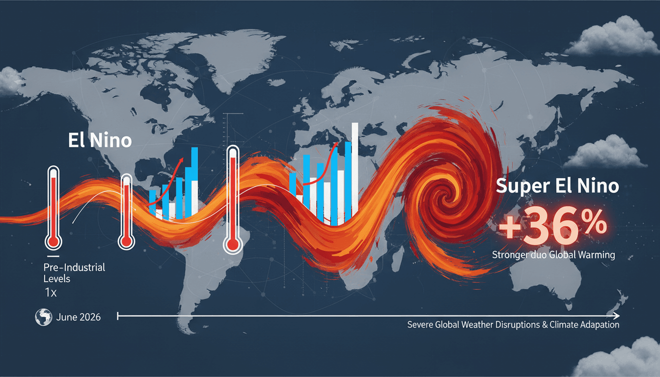 Infographic showing the correlation between global warming and the intensity of Super El Niño events.