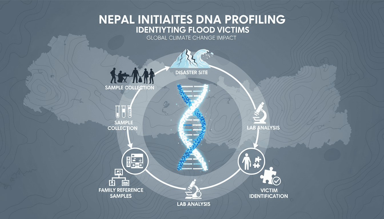 An infographic showing the DNA profiling process for disaster victim identification in Nepal.