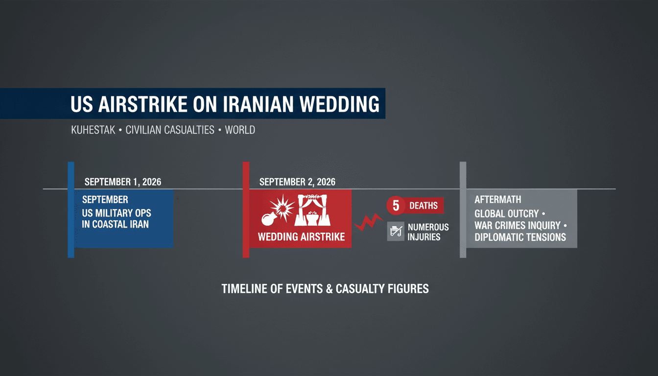 Infographic detailing the US airstrike on an Iranian wedding, highlighting casualties and international reactions.