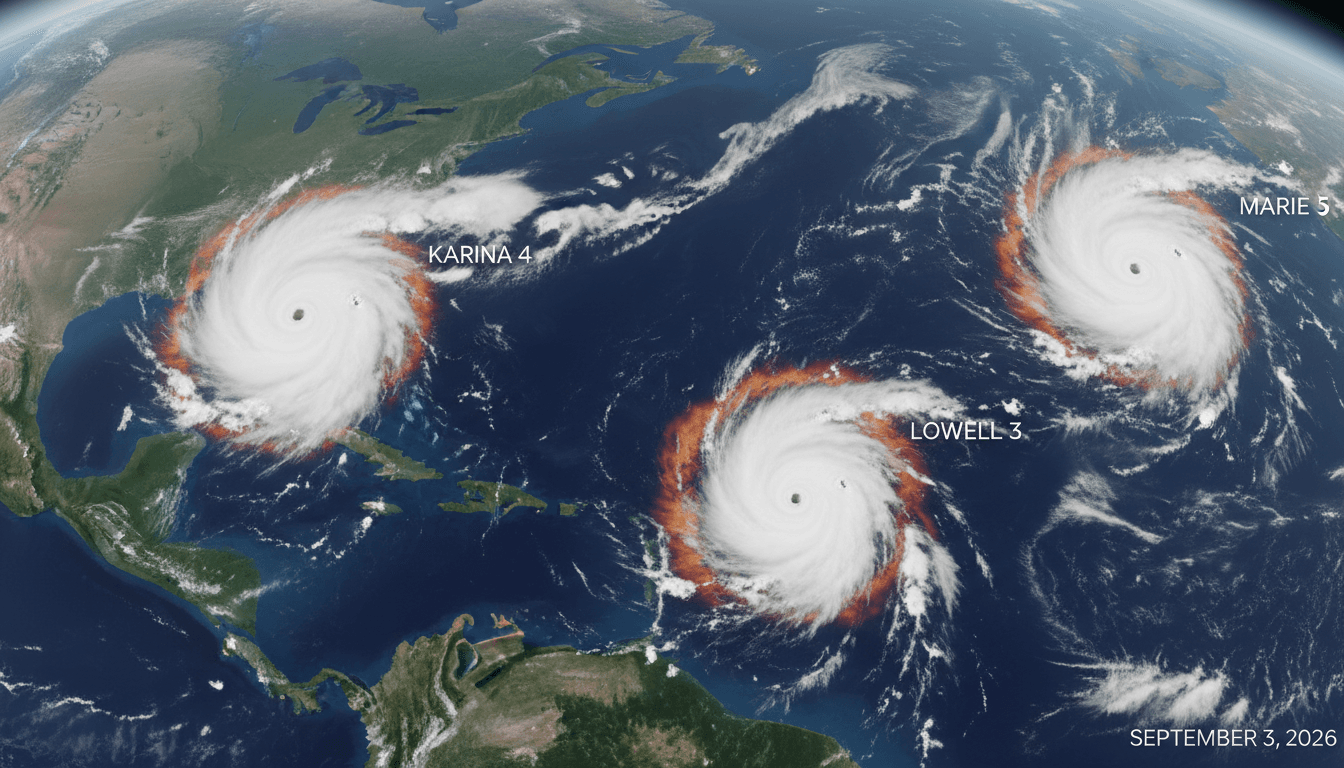 Satellite image of three simultaneous hurricanes in the Pacific Ocean, illustrating the strong effects of El Niño.