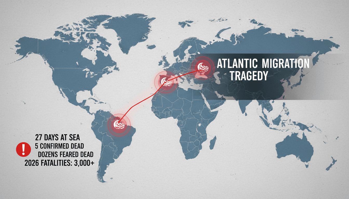 A map illustrating the perilous Atlantic migration route to the Canary Islands, highlighting recent tragedies and statistics.