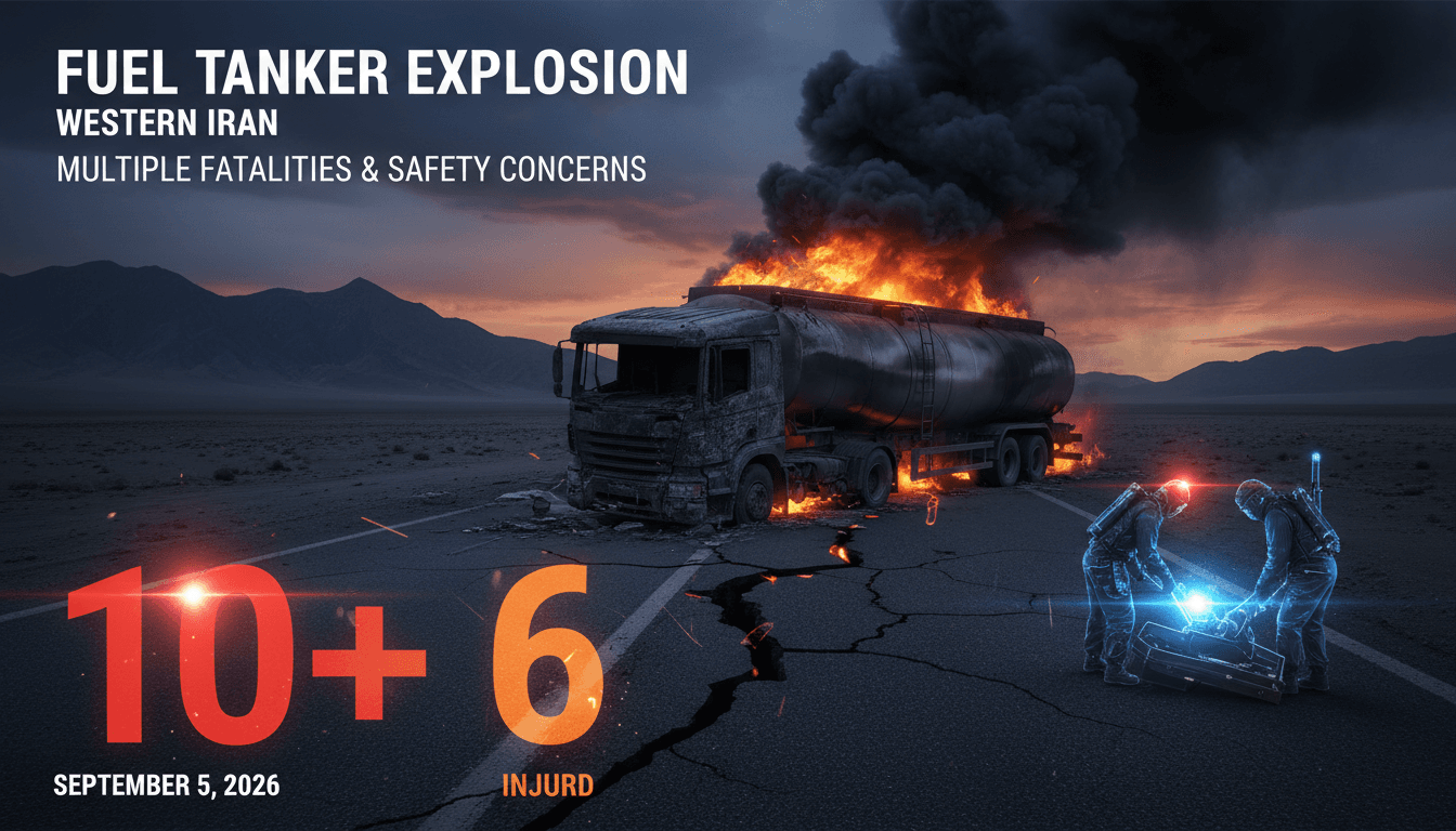 Emergency responders at the site of the fuel tanker explosion in Iran, highlighting the tragic loss of life and ongoing safety concerns.