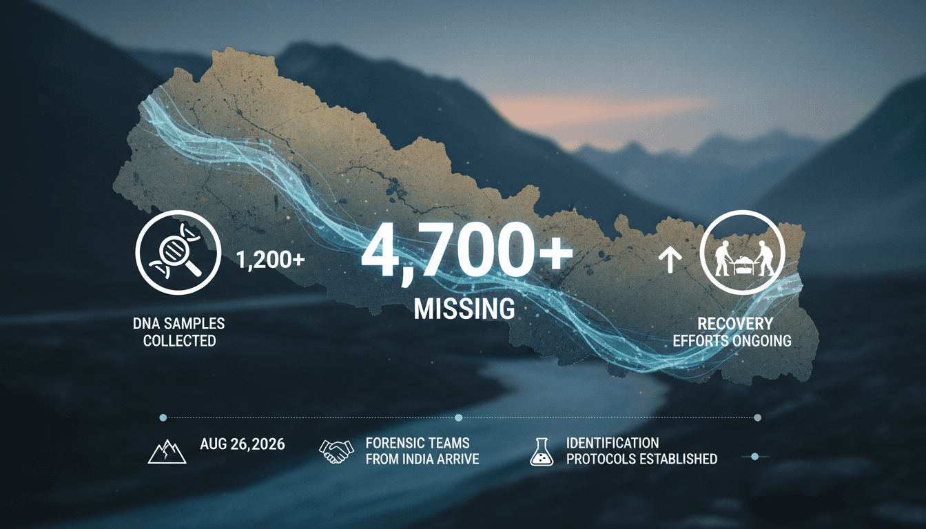 Infographic illustrating DNA identification efforts following Nepal's flash floods, highlighting the number of samples collected.