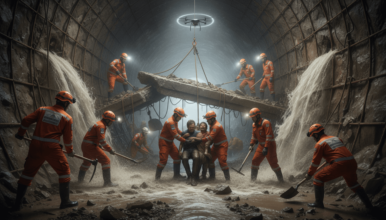 Rescue teams working in the Trishuli 3A hydropower tunnel after glacial floods in Nepal.