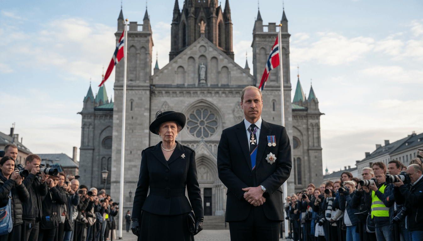 Prince William and Princess Anne at Oslo Cathedral for King Harald V's funeral, showcasing royal diplomacy.