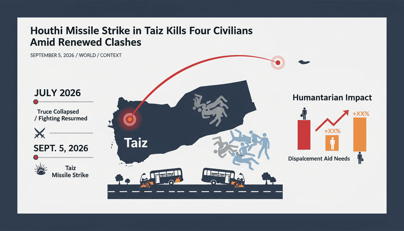 Map showing the location of the Houthi missile strike in Taiz, Yemen, highlighting civilian casualties and regional conflict.