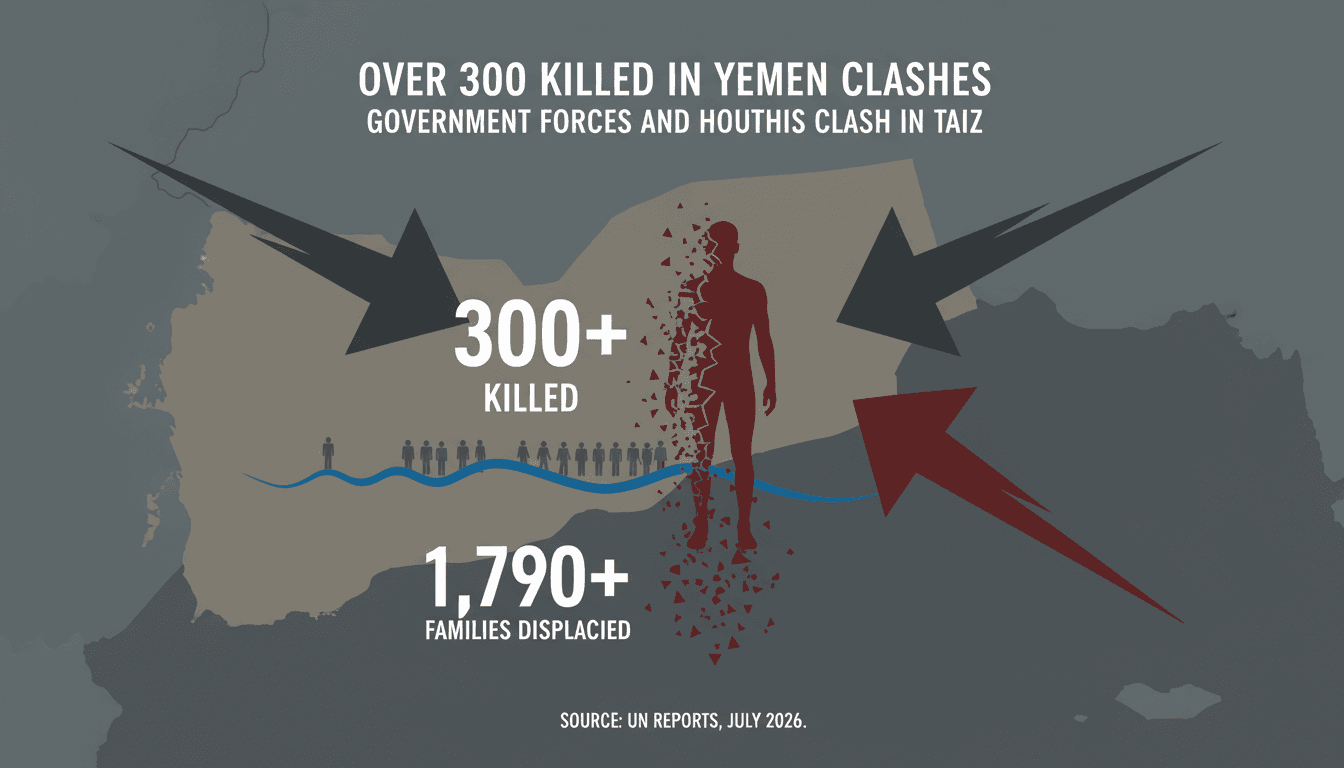 Infographic showing the impact of Yemen's Taiz clashes, including death toll and family displacement statistics.