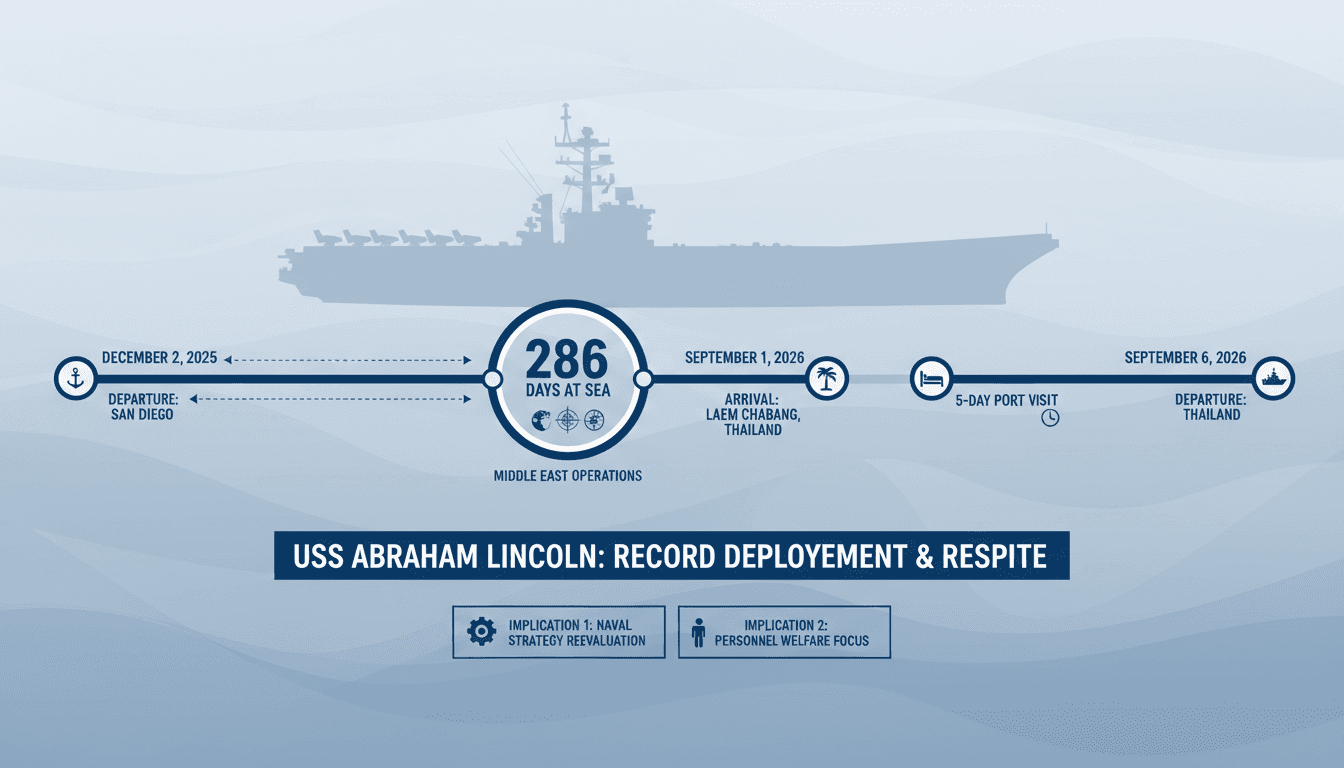 USS Abraham Lincoln aircraft carrier departing Thailand after a record deployment, highlighting military morale and international relations.