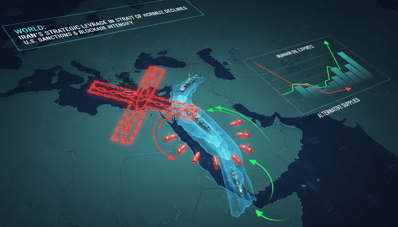 Infographic showing oil flow through the Strait of Hormuz and the effects of U.S. sanctions on Iran's economy.