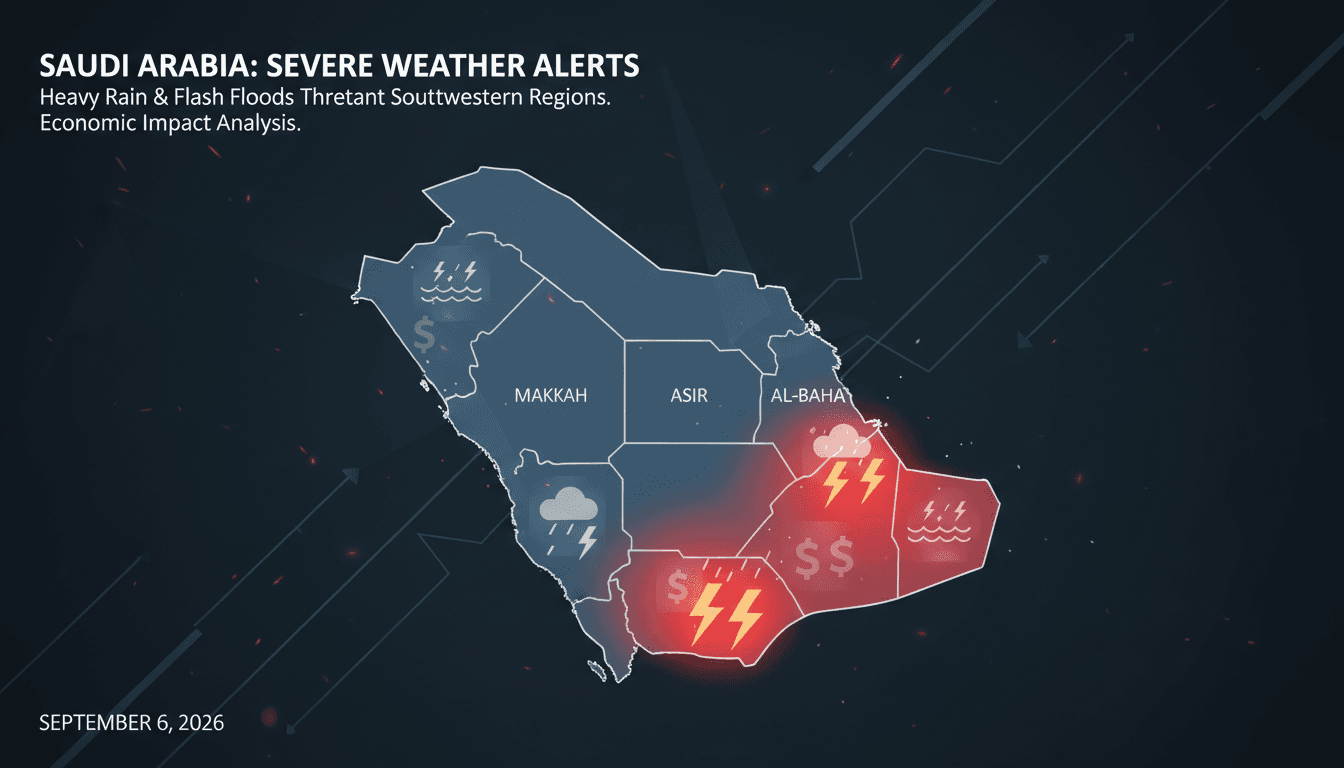Map showing regions in Saudi Arabia under heavy rain alerts and potential flash flood risks.