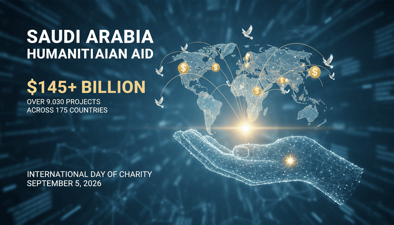 Infographic detailing Saudi Arabia's $145 billion humanitarian aid efforts on International Day of Charity 2026.