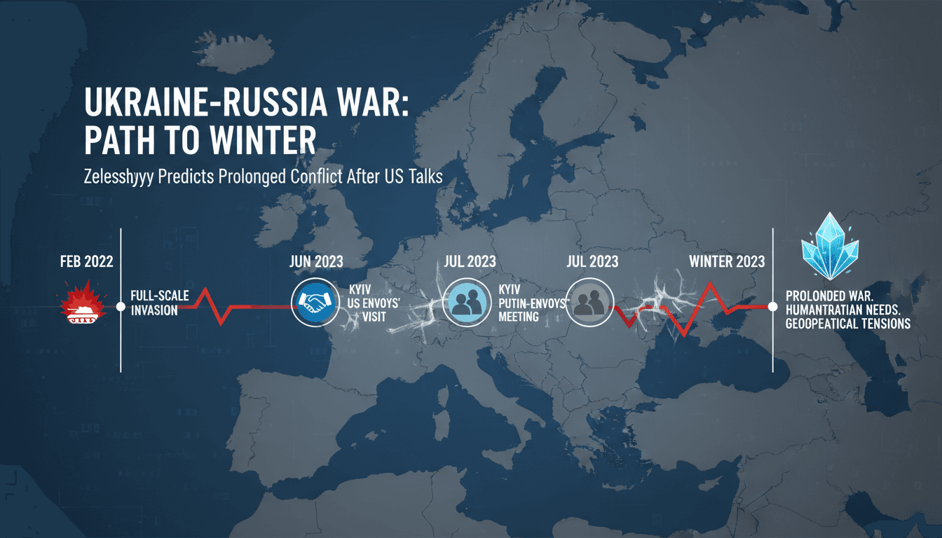 Infographic showing the timeline of the Ukraine-Russia war and key diplomatic meetings.