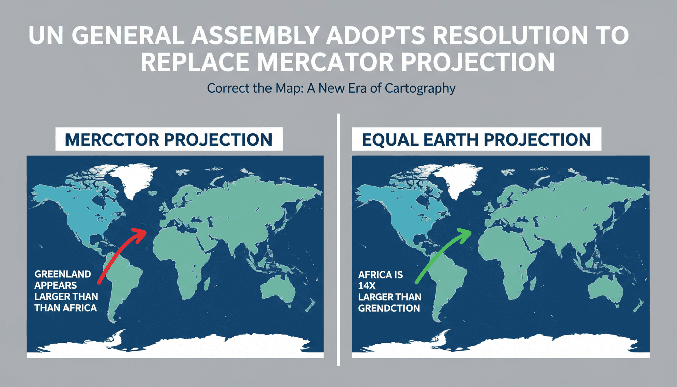 A visual comparison of Africa and Greenland on Mercator and Equal Earth projections, highlighting size distortions.
