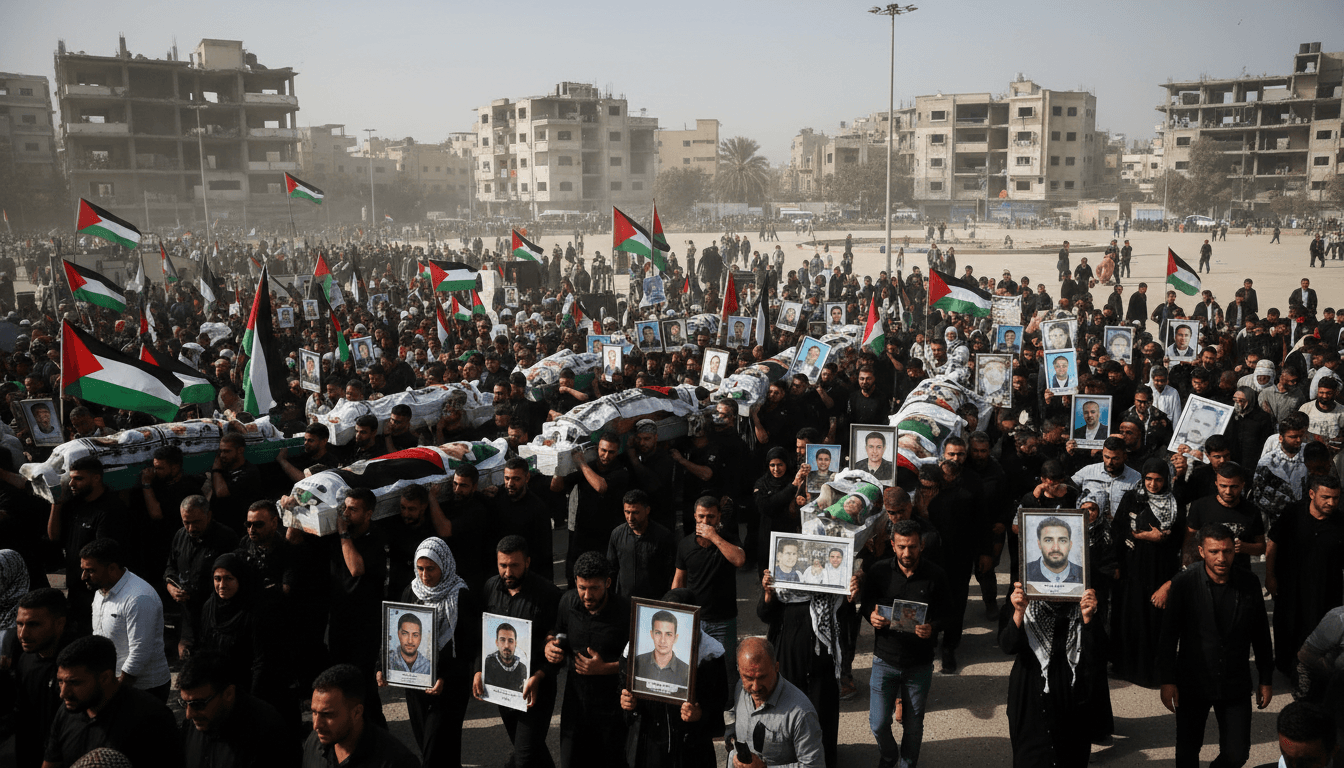 Families in Gaza holding flags and photographs during a mass funeral for over 100 recovered remains from airstrikes.