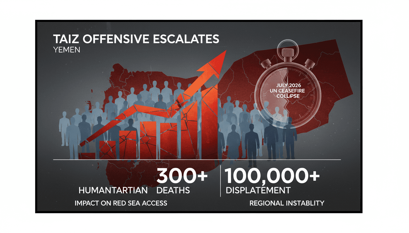 Infographic showing the impact of the Houthi offensive in Yemen, including death toll and displacement statistics.