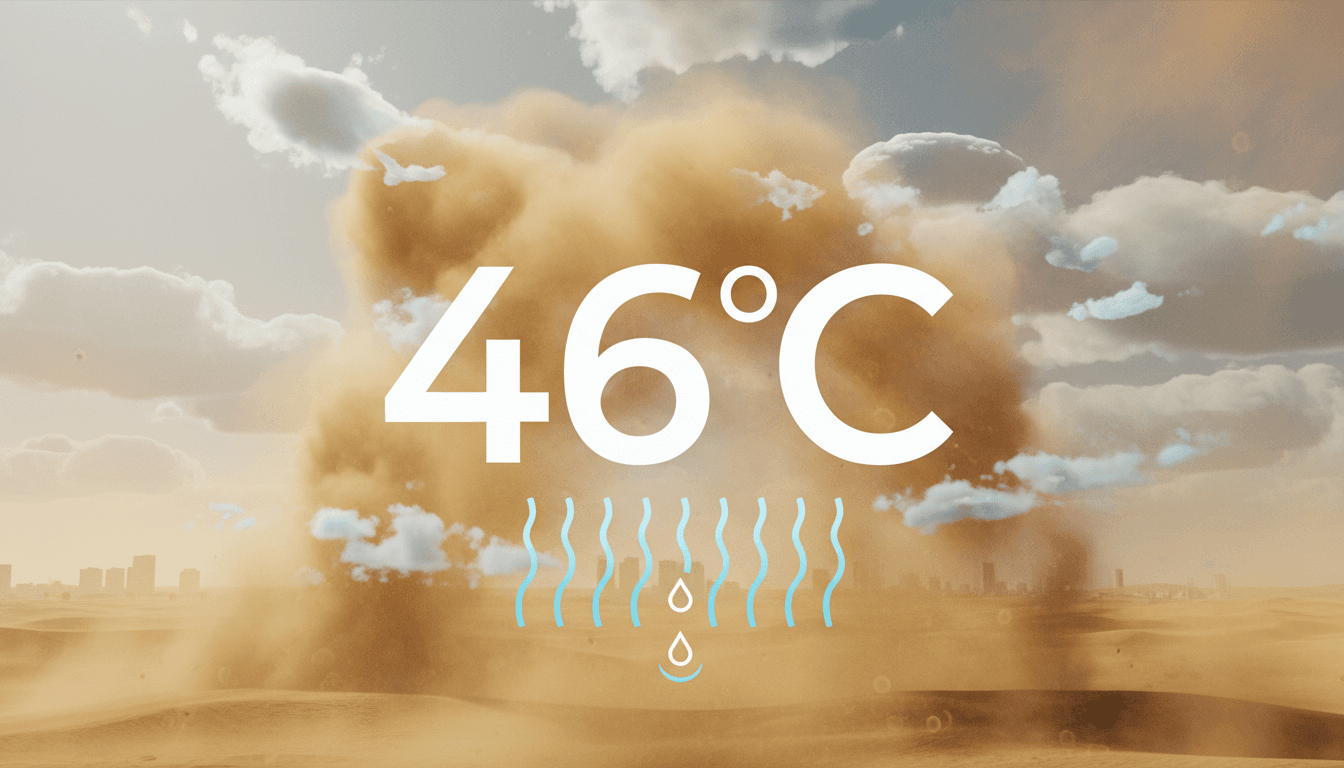 A weather graphic showing forecasted 46°C temperatures in the UAE with dust clouds and humidity indicators.