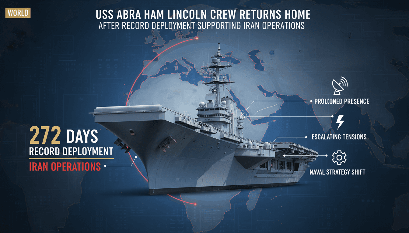 USS Abraham Lincoln aircraft carrier returning home after record deployment, highlighting military operations and crew challenges.