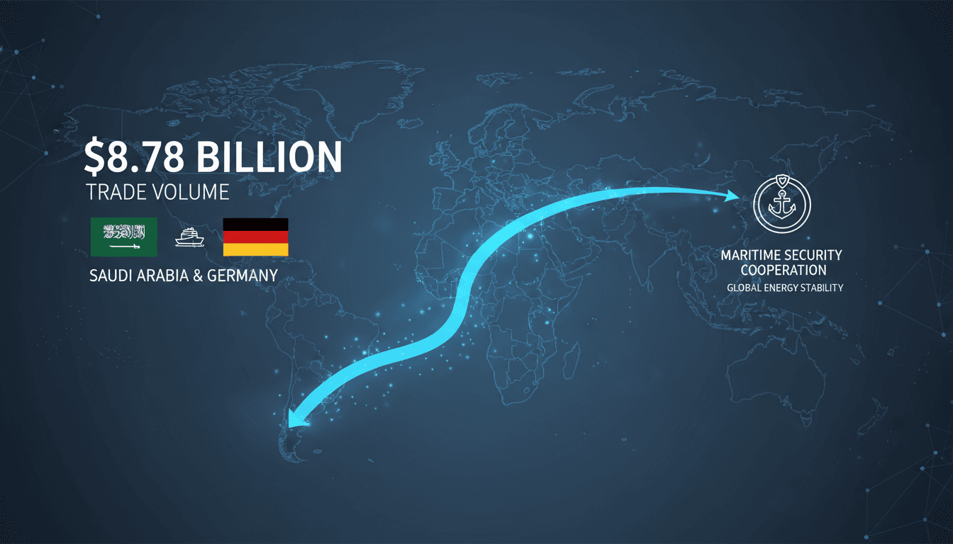 Infographic showing Saudi-German trade volume and maritime routes for energy security.