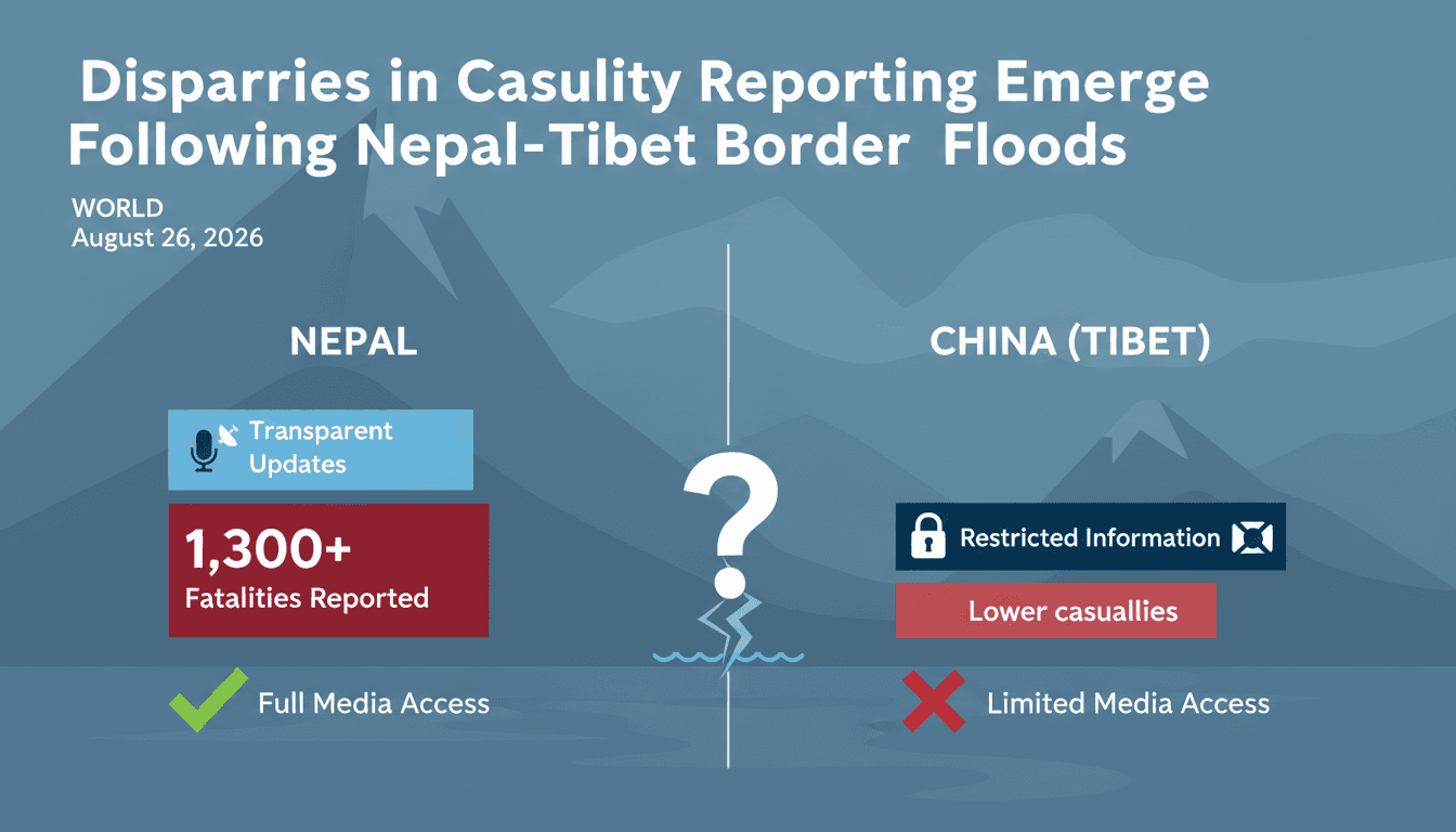 Infographic showing casualty figures and media access disparities between Nepal and China after the floods.