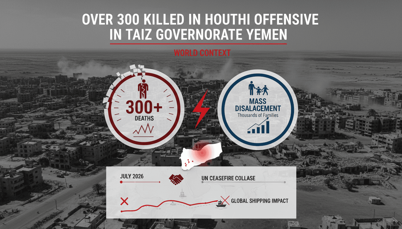 Infographic showing the impact of the Yemen conflict with over 300 deaths and significant displacement in Taiz governorate.