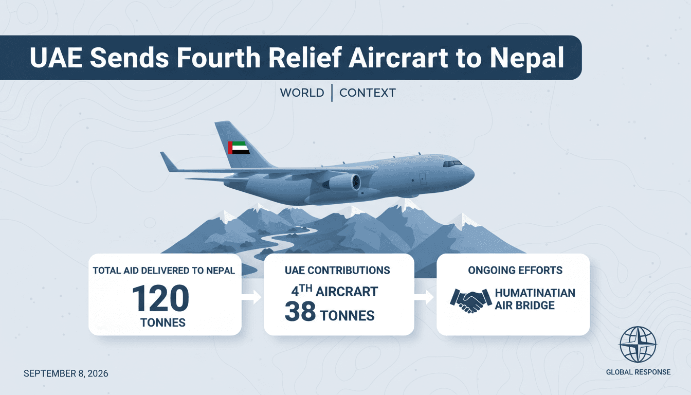 UAE relief aircraft delivering aid to Nepal, showcasing humanitarian efforts and logistics in crisis response.