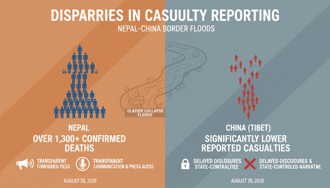 Infographic showing casualty reporting differences between Nepal and China after the floods.