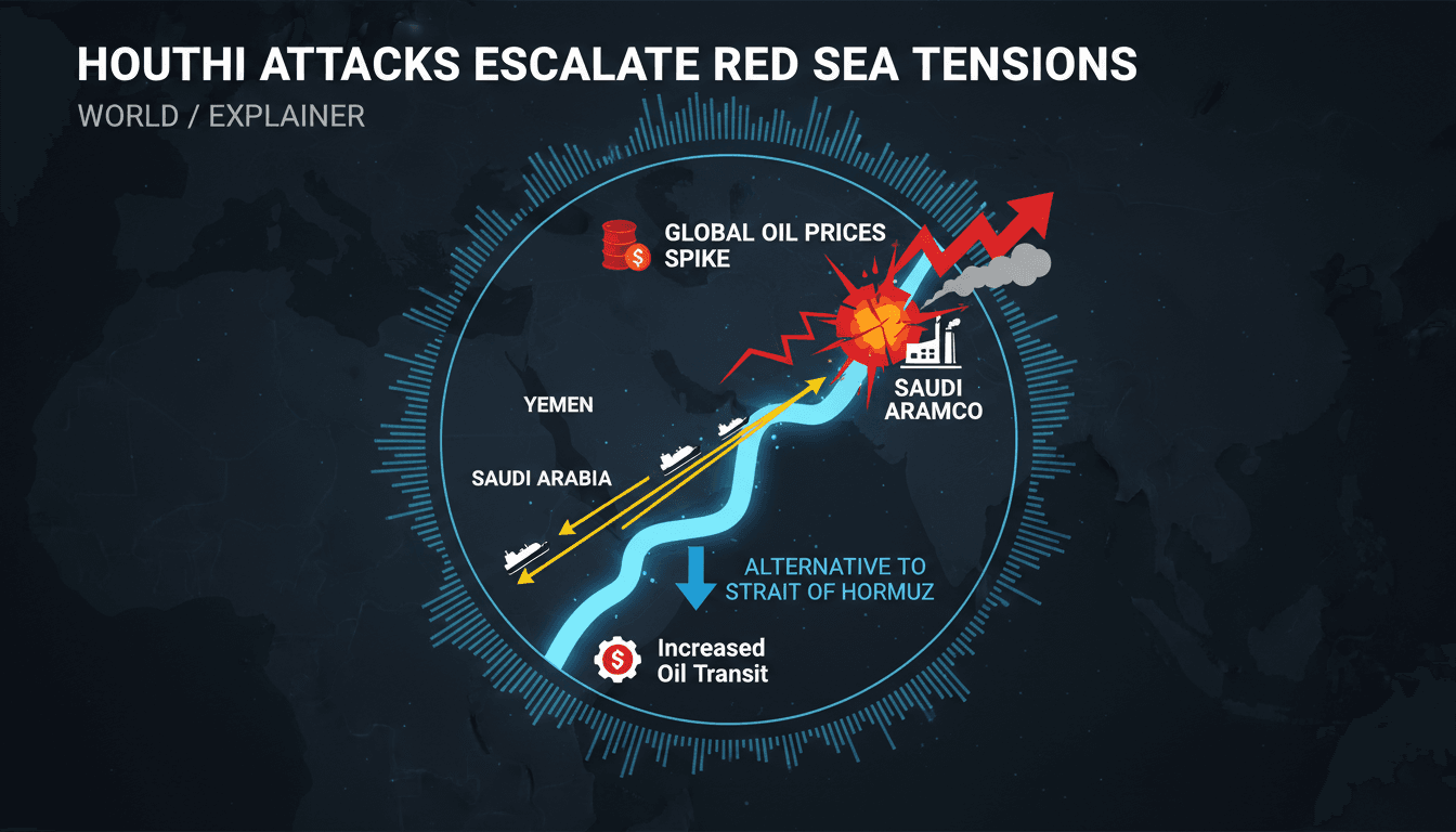 Infographic showing oil flow through Bab el-Mandeb and impact of Houthi strikes on global oil prices.