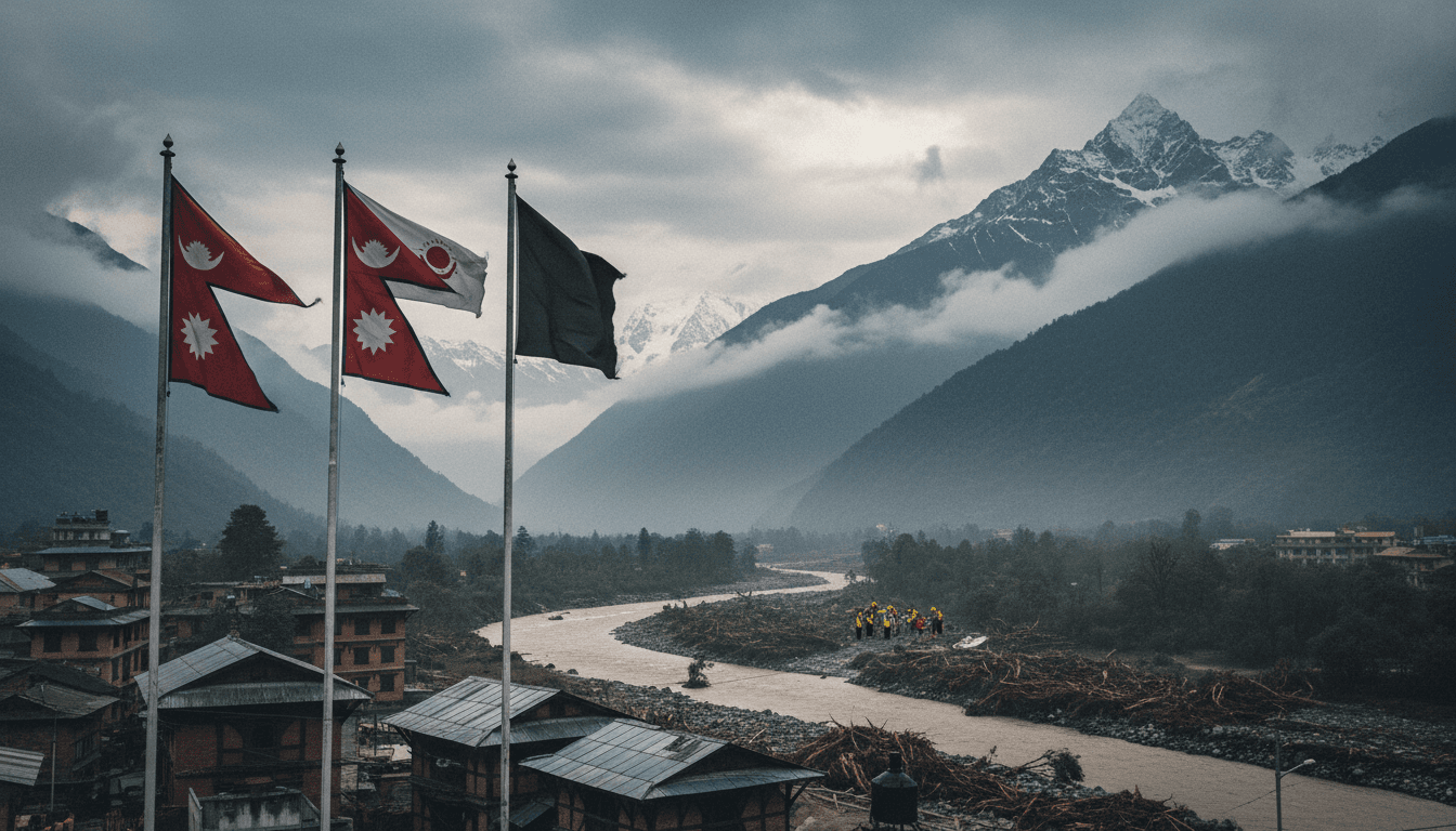 Flags at half-mast in Nepal during the national day of mourning for flood victims.