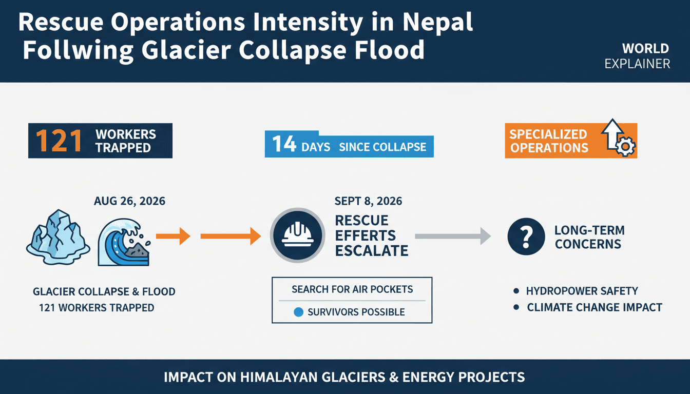 Rescue operations in Nepal following the glacier collapse, highlighting the hydropower crisis and climate change impacts.