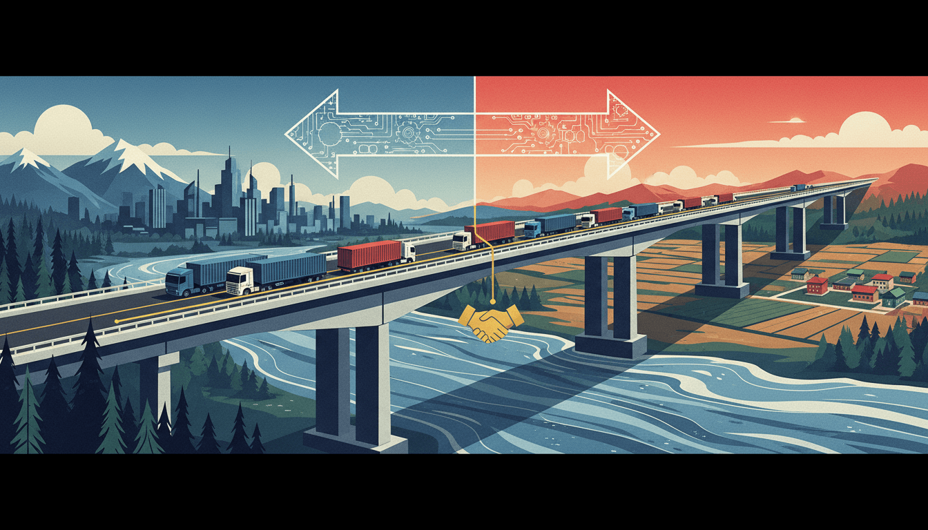 Trucks crossing the new Russia-North Korea bridge over the Tumen River, symbolizing enhanced trade and cooperation.