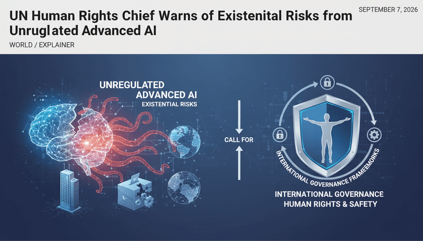 Infographic showing the risks of unregulated AI and the need for international governance frameworks.