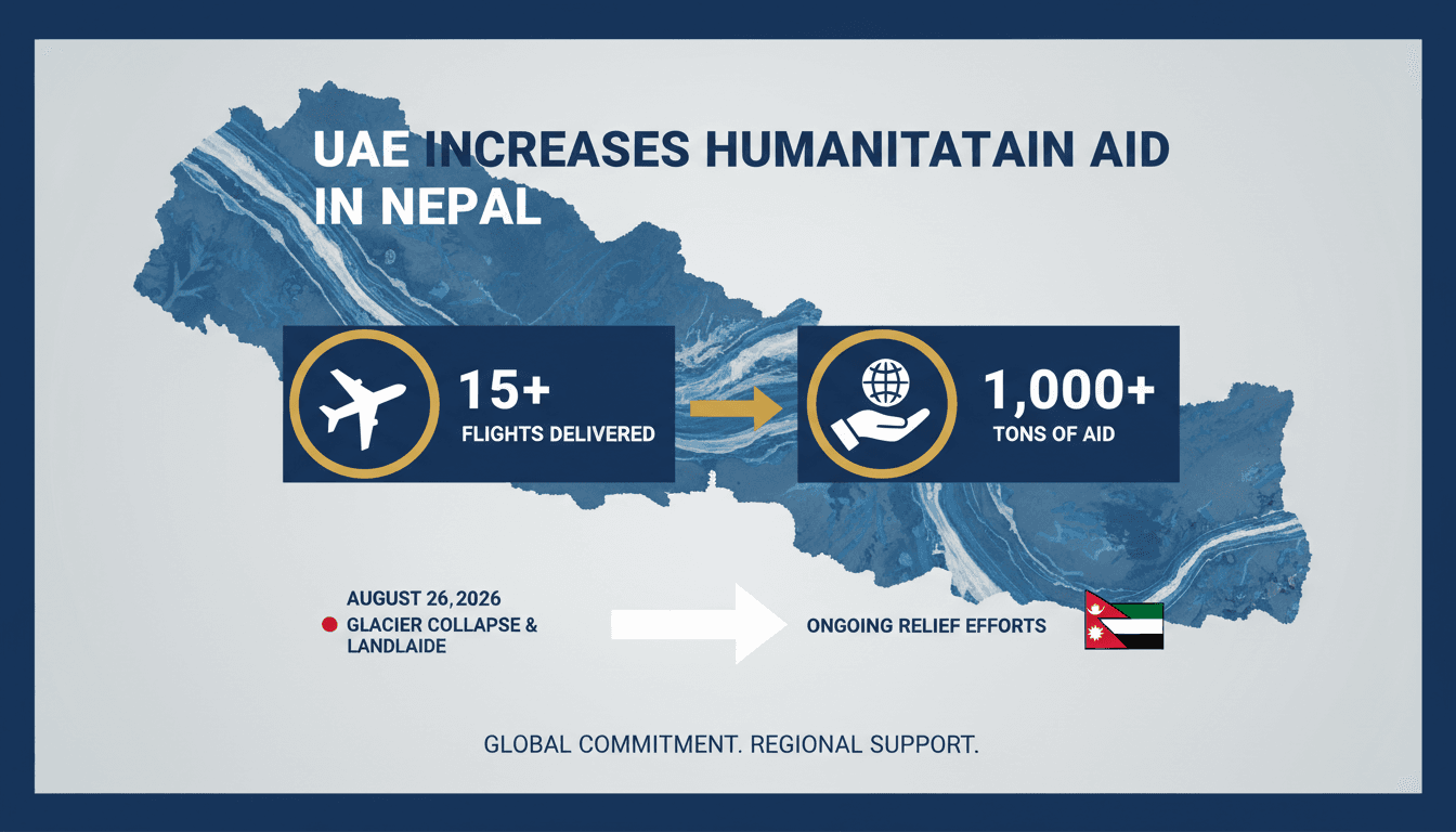 Infographic showing UAE's humanitarian aid efforts in Nepal, including flights and total aid delivered.