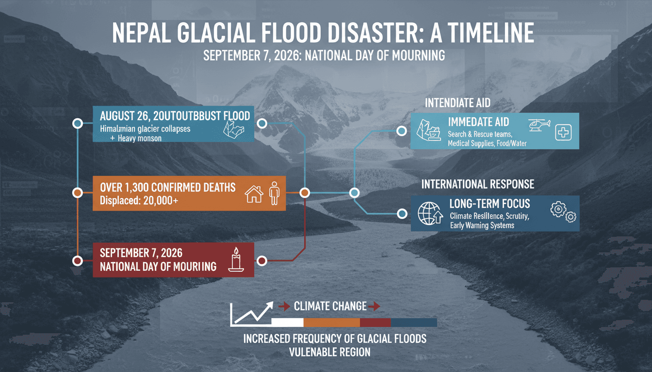 Infographic showing the timeline and impact of Nepal's glacial flood disaster and international response efforts.