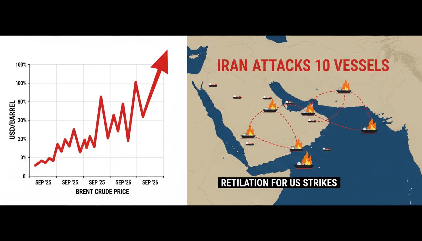 A graphic showing the surge in Brent crude prices and a map of the Strait of Hormuz with affected vessels highlighted.
