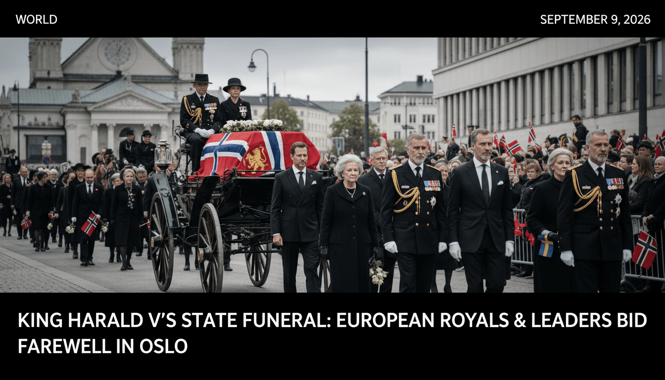 King Harald V's state funeral procession in Oslo with European royals and heads of state.