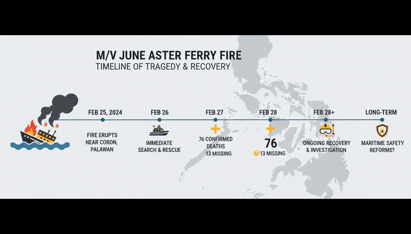 A graphic depicting the M/V June Aster ferry fire incident and recovery efforts in the Philippines.