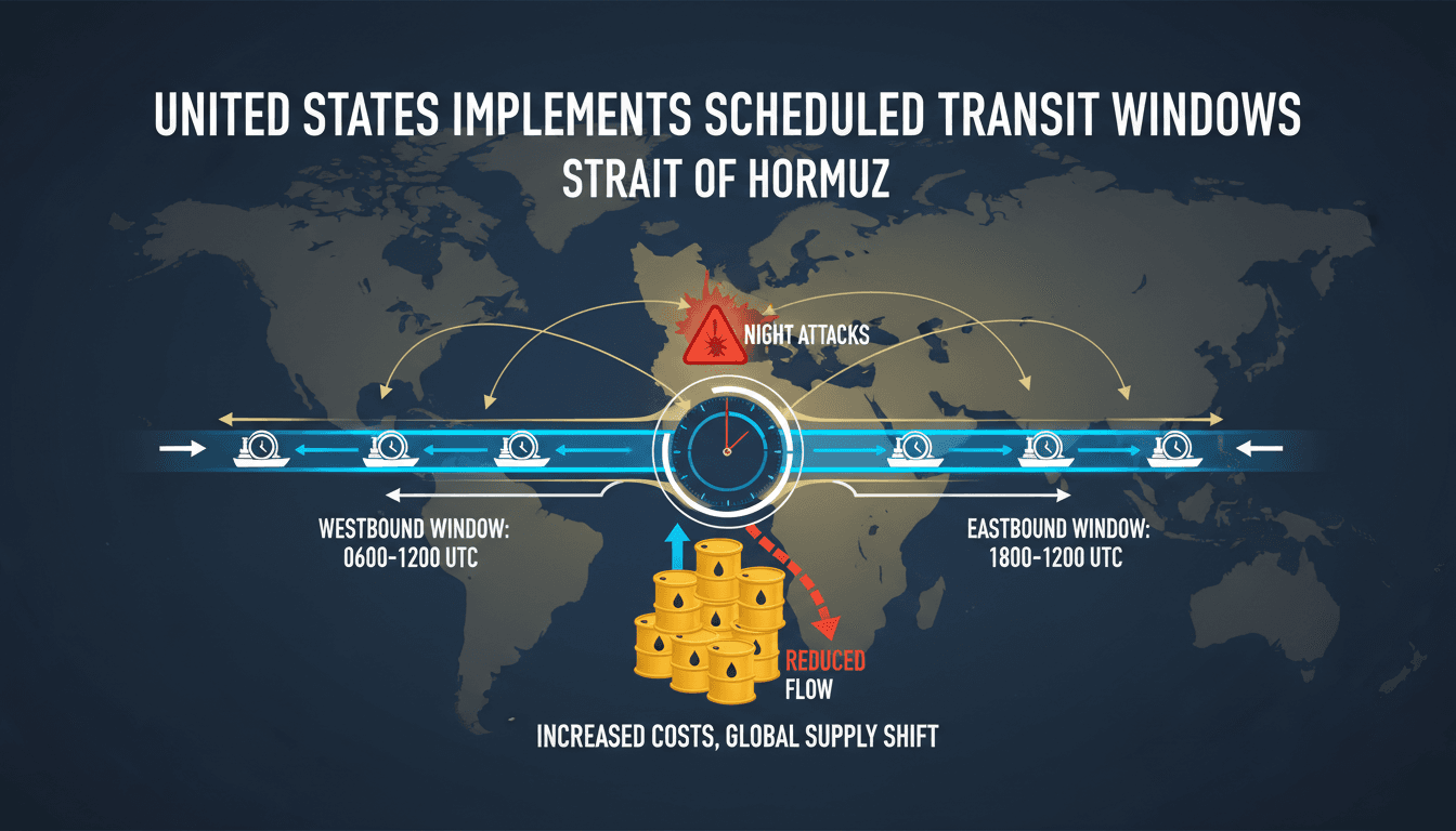 Infographic showing oil tanker routes through the Strait of Hormuz and the impact of U.S. transit windows on global oil supply.