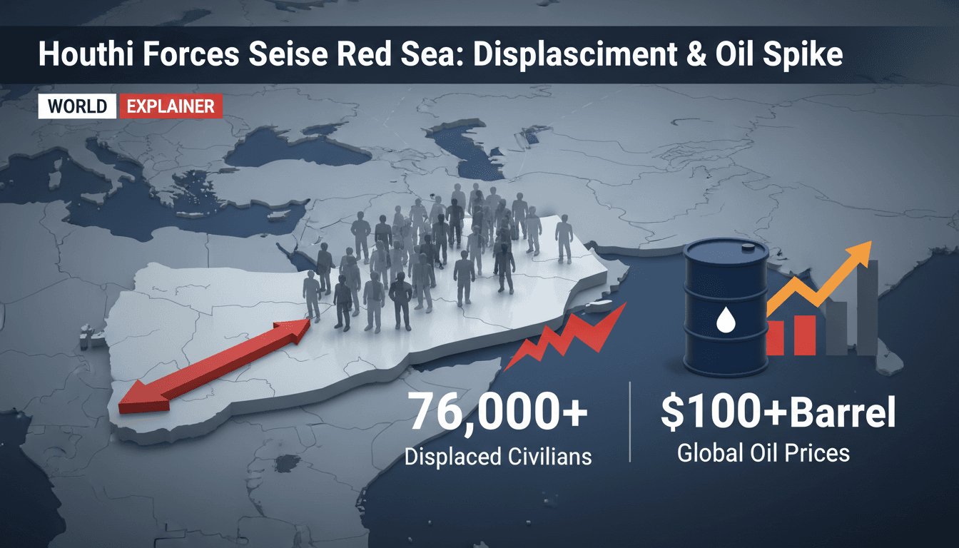 Infographic showing the impact of Houthi forces' advance in Yemen on civilian displacement and global oil prices.