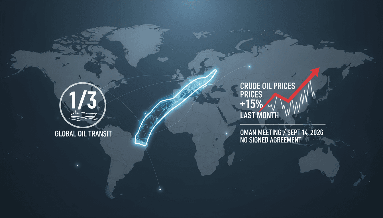 Infographic showing the Strait of Hormuz, global oil transit statistics, and recent price trends.