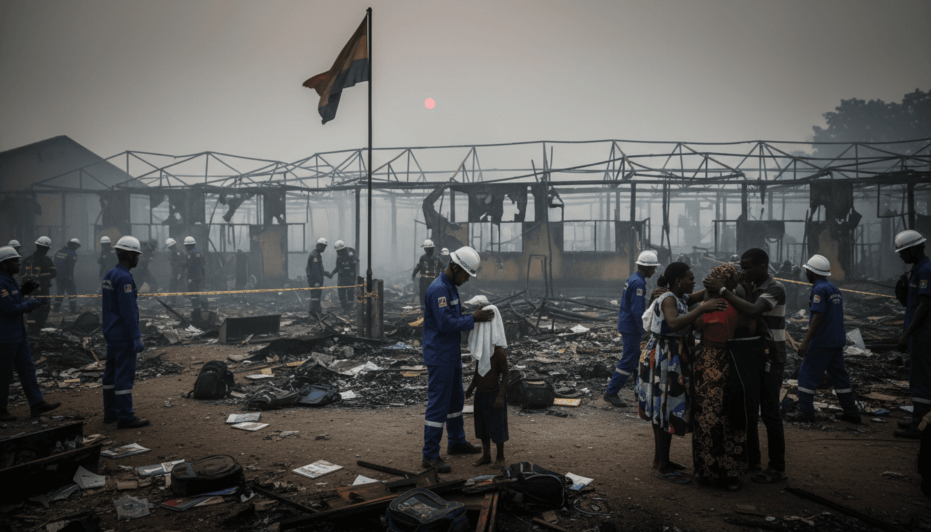 Emergency responders at the site of the school fire in Bukavu, DR Congo, highlighting the tragic loss of 26 children.