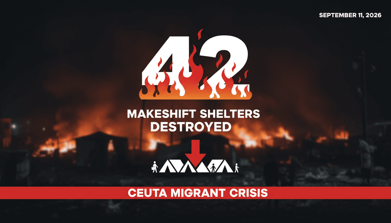 Fire damage in Ceuta migrant settlement, highlighting the crisis and urgent housing needs.