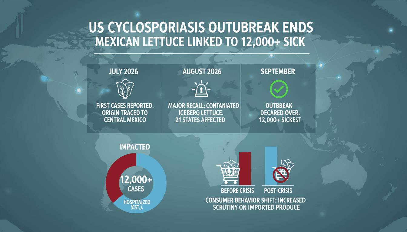 Infographic showing the timeline and impact of the cyclosporiasis outbreak linked to lettuce.
